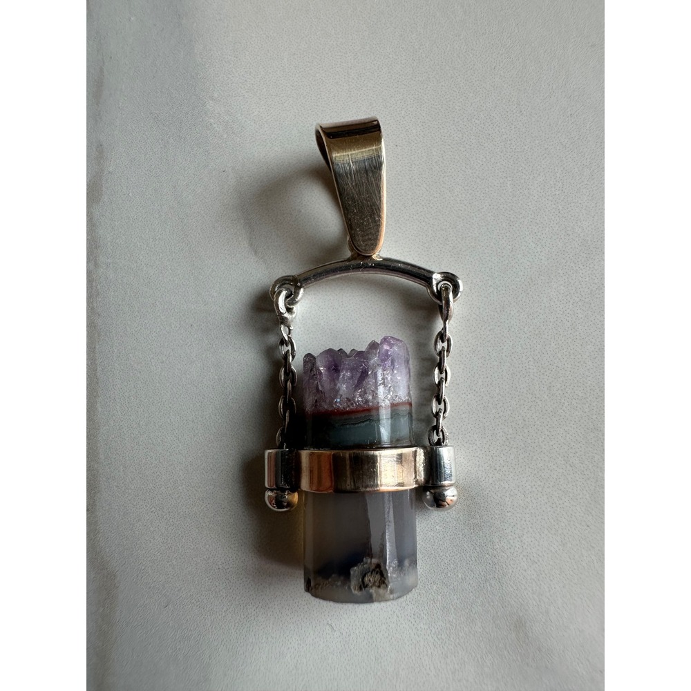 VRANNI Artisan Amethyst Druzy Agate Kinetic Swing Pendant Mixed Metal Silver